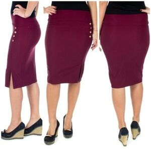 Women Pencil Skirt w. Buttons & Slit, D-4024, Wine